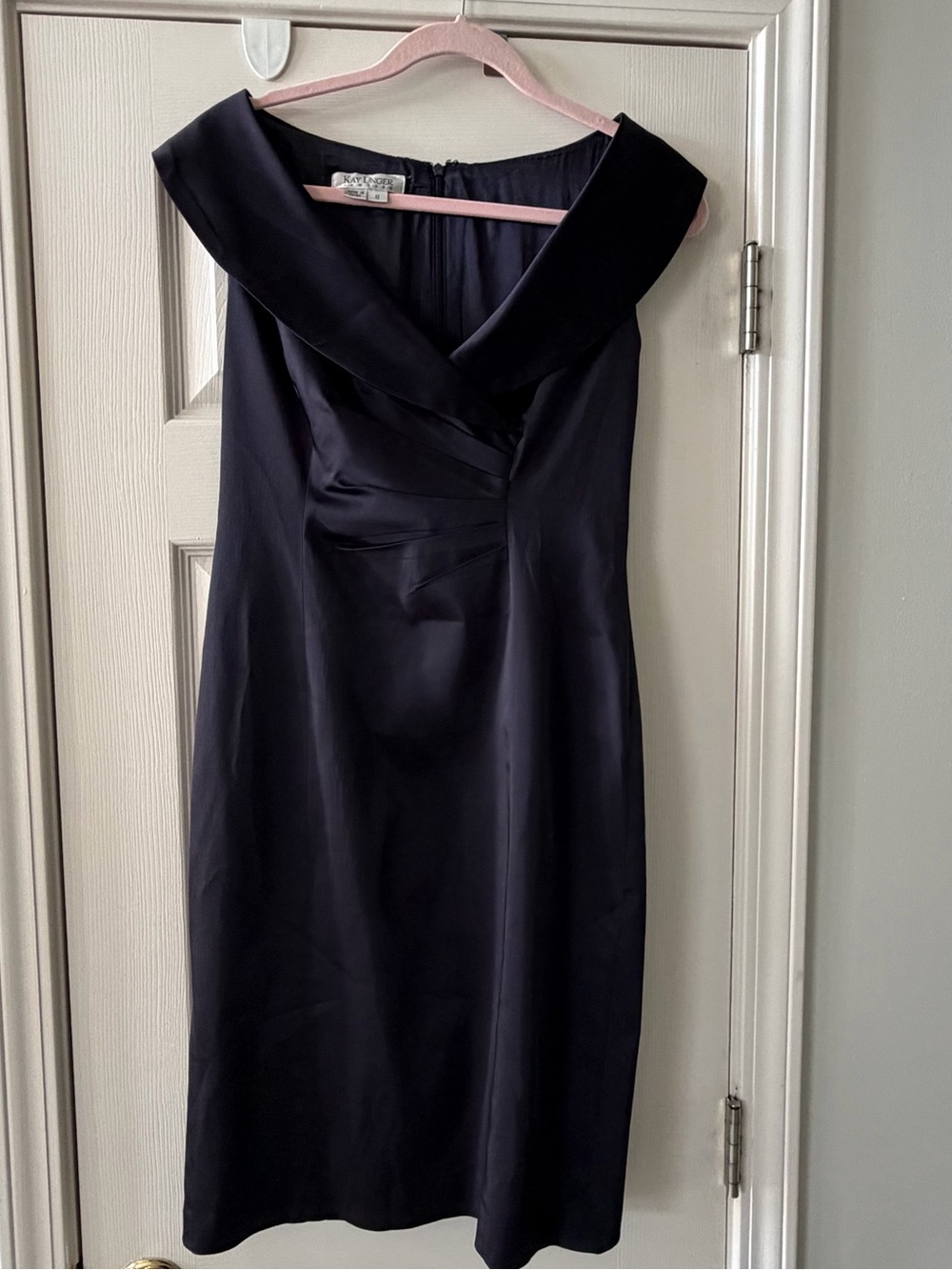 Kay Unger NY Navy Silk Trim Portrait Collar Sheath Dress 6